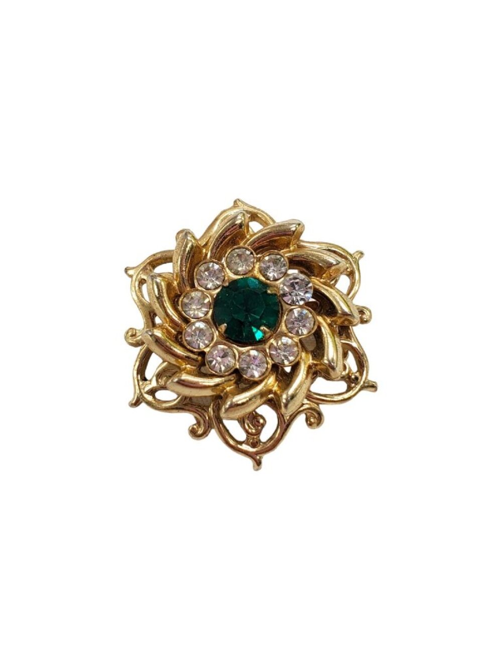 Vtg Flower Snowflake Brooch Rhinestone Clear Green 1- 1/8" Gold Tone Statement